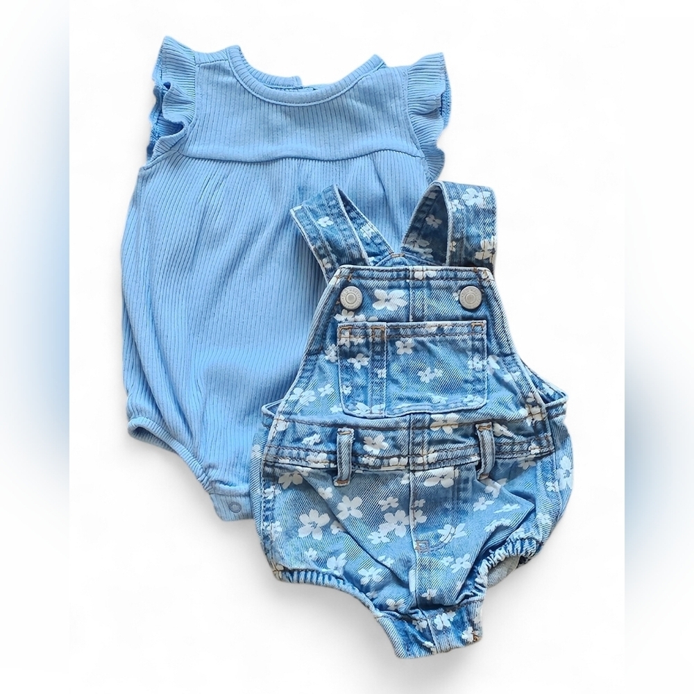 Old Navy Baby Girl Floral Denim Overall Set with Matching Blue Onesie Size 0–3